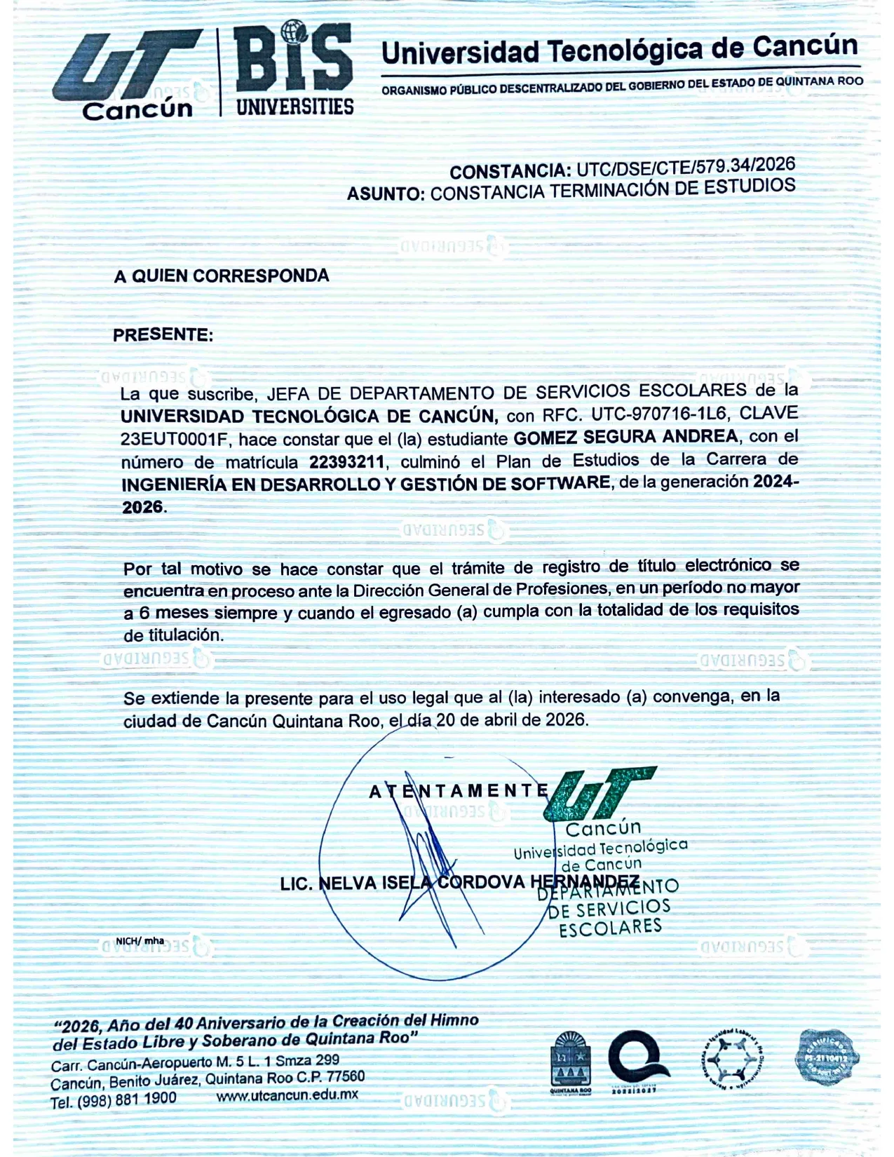 Completion certificate